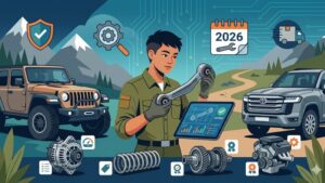 Современная иллюстрация с запчастями для внедорожников Jeep и Toyota для статьи о выборе б/у деталей