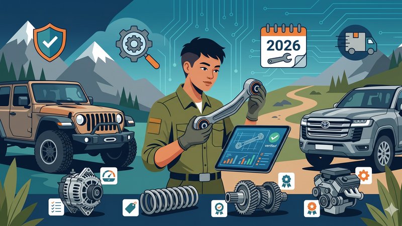 Современная иллюстрация с запчастями для внедорожников Jeep и Toyota для статьи о выборе б/у деталей